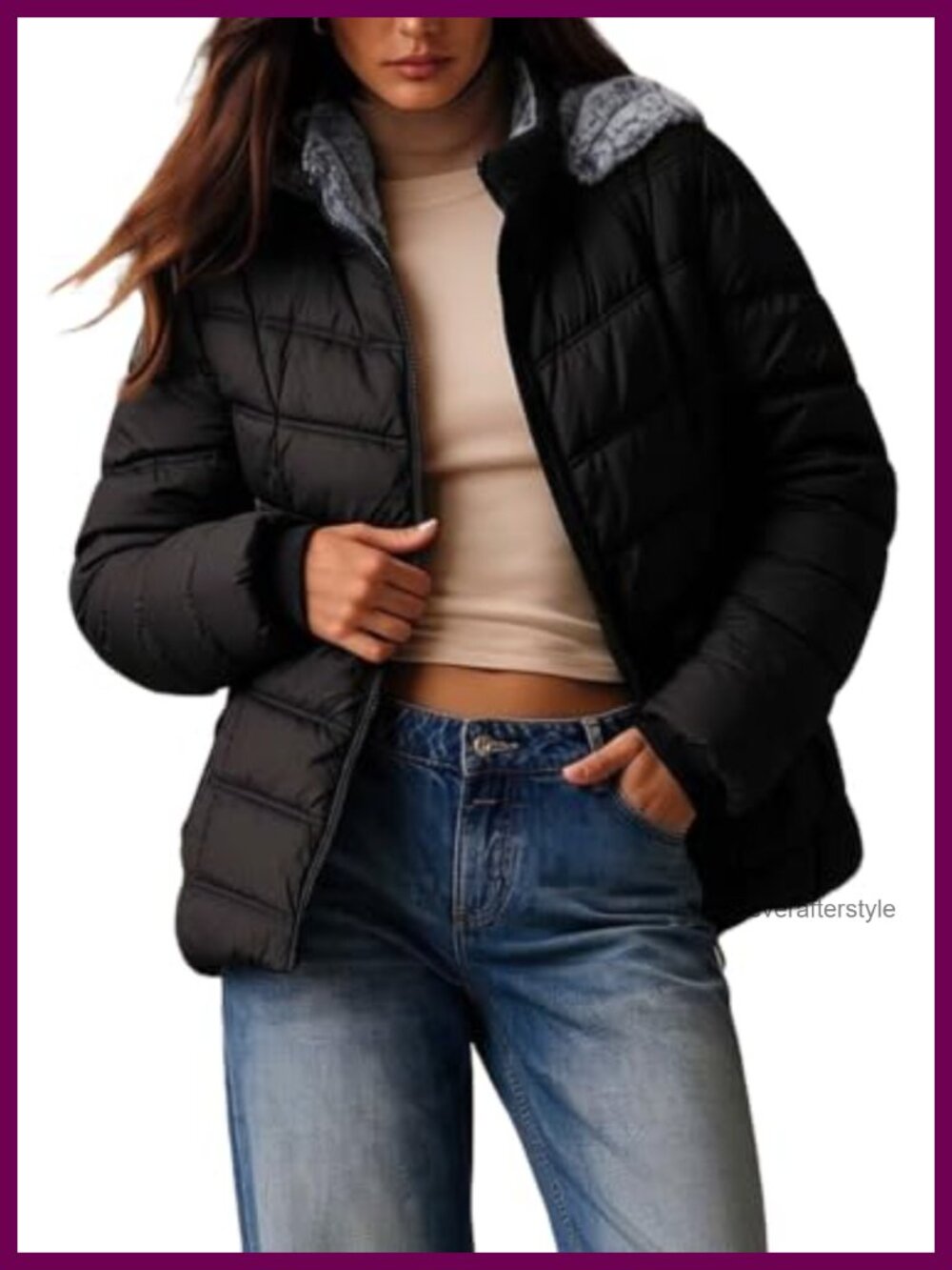 Lightweight Diamond Quilted Puffer Jacket with Faux Fur Lined Hood